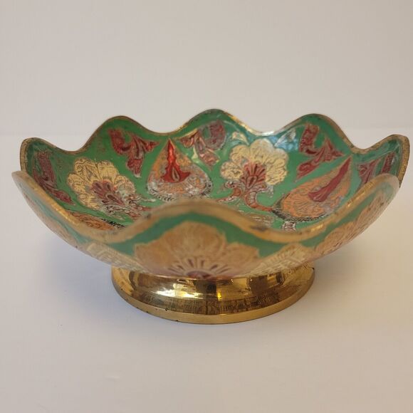Vintage Solid Brass Hand Painted Pedestal Trinket Decorative Bowl - Picture 7 of 8
